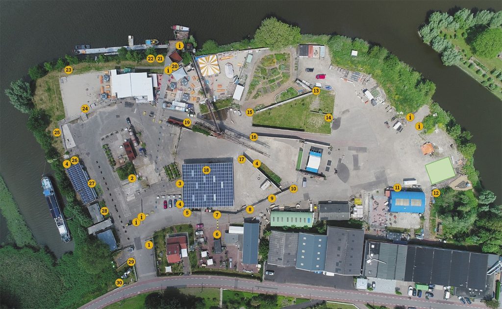 Plattegrond GOUDasfalt met de plaatsen op het terrein waar infopanelen staan
